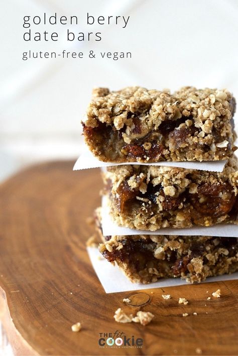 Golden Berry Date Bars are a delicious snack and dessert that’s a bit lower in sugar than some traditional date bars, plus these are gluten free, vegan, and peanut free! Golden Berry, Bars Gluten Free, Best Gluten Free Desserts, Date Bars, Dessert Bar Recipe, Allergy Free Recipes, Diet Vegetarian, Bars Recipe, Peanut Free