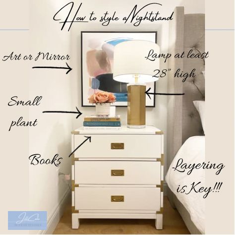 How To Style Nightstand, Style A Nightstand, White Nightstand Bedroom, How To Style A Nightstand, Bedroom Nightstand Decor, Bedside Table Styling, Dresser Decor Bedroom, Campaign Dresser, Nightstand Bedroom