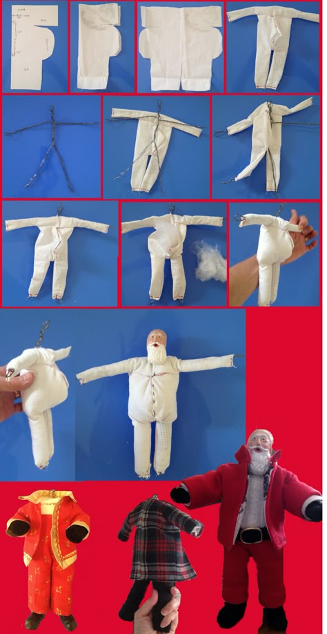 How I made Santa body with moveable arms and legs. Need fabric, scissors, sewing machine, wire and fiberfill stuffing. Handmade by Elizabeth Heavrin Santa Dolls Handmade Diy, Santa Dolls Handmade, Santa Doll Patterns To Sew, How To Make Santa Claus Doll, How To Make Gnome Arms, Fabric Santa Claus, Plastic Santa Head, Santa Claus Doll Made With Vintage Fabrics, Diy Dolls Making