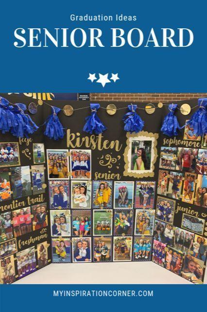 2023 Graduation Table Decorations, How To Make A Senior Board, High School Graduation Photo Boards, Photo Display Ideas For Graduation Party, How To Make A Memory Board, Diy Senior Poster Ideas, Tri Fold Graduation Board Ideas, Trifold Graduation Board Ideas, Graduation Party Display Table