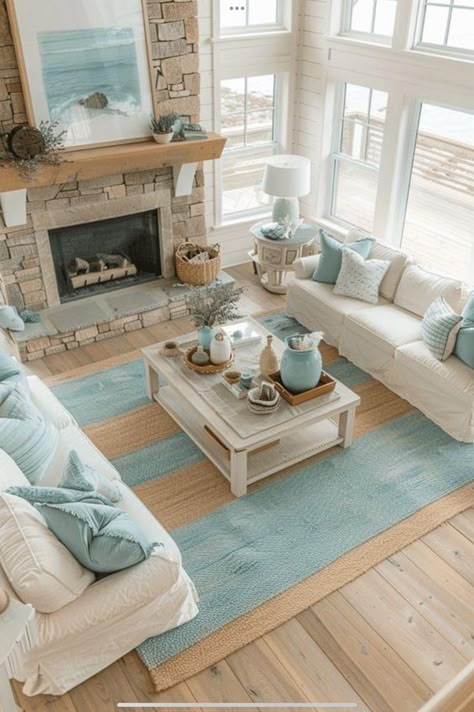 Coastal Themed Living Room, Coastal Living Room Decor Ideas, Modern Coastal Decor Living Room, Cottage Interior Paint Colors, Coastal Playroom, Coastal Farmhouse Living Room Ideas, Beach Living Room Ideas, Coastal Cottage Interior, Modern Coastal Living Room Ideas