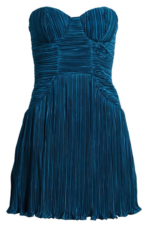 Feel your most glam in this plissé minidress that gets dance-floor vibes from hidden no-slip strips and supportive padded cups. Back zip closure Strapless Stretch lining 100% polyester Hand wash, line dry Imported Homemade Homecoming Dress, Dark Teal Mini Dress, Long Sleeve Dress Sparkly, Winter Formal Cocktail Dresses, Short Navy Dresses, 80s Inspired Dress, Winter Semiformal Dress, Nola Outfits Frat Formal, Cute Dresses For Homecoming