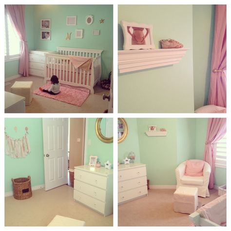 Mint Green, Pink and Gold Baby Girl Nursery. I'm liking the gold touches Green Nursery Girl, Mint Green Nursery, Boys Room Colors, Baby Boy Room Colors, Girl Nursery Colors, Uni Bedroom, Mint Bedroom, Nursery Color Scheme