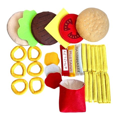 Hamburger & Side Dishes / Handmade Felt Food for Kids / - Etsy Felt Hamburger, Play Felt Food, Hamburger Side Dishes, 2 Buns, Felt Food Patterns, Food For Kids, Organizational Skills, Pretend Play Food, Kitchen Toys