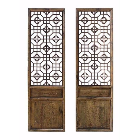 Antique Pair Chinese Wood Geometric Wall Panel Headboard Accent cs734S Chinese Cafe Design, Wall Panel Headboard, Chinese Tea Room, Chinese Style Interior, Wood Cafe, Chinese Cabinet, Ancient Chinese Architecture, China Architecture, Panel Painting