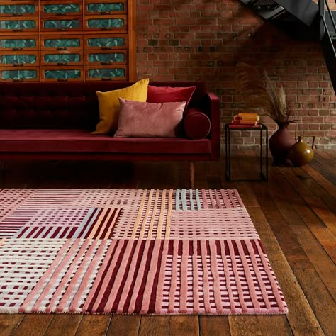 Buy Aspect Wool Rug Modern Red Multi | Land of Rugs Leather Brown Sofa, Cottage Core Office, Modern Wool Rugs, Office Carpet, Multi Rug, Stylish Rugs, Weave Pattern, Dyeing Techniques, Interior Design Architecture