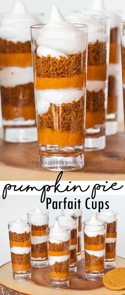 Mini Pumpkin Pie Parfaits (video) Pumpkin Dessert Shooters, Pumpkin Shooter Desserts, Pumpkin Pie Shooters Desserts, Pumpkin Pie Shooters, Wedding Shooters Desserts, Thanksgiving Dessert Shooters, Pumpkin Shooters, Parfait Shooters, Appetizer Shooters