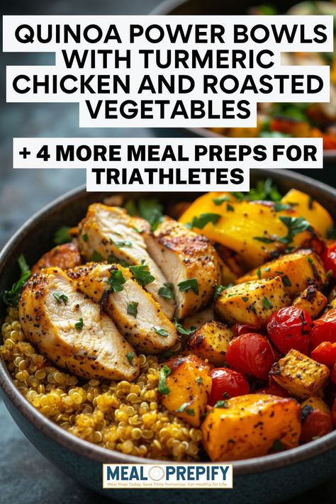 A quinoa power bowl with turmeric chicken, roasted vegetables, and herbs, illustrating nutrient-packed meal prep ideas for triathletes. Chicken And Roasted Vegetables, Turmeric Chicken, Power Bowl Recipe, Chicken Bowl Recipe, Healthy Meal Prep Recipes, Meal Prep For Beginners, Sweet Potato Curry, Chicken Quinoa, Power Bowls