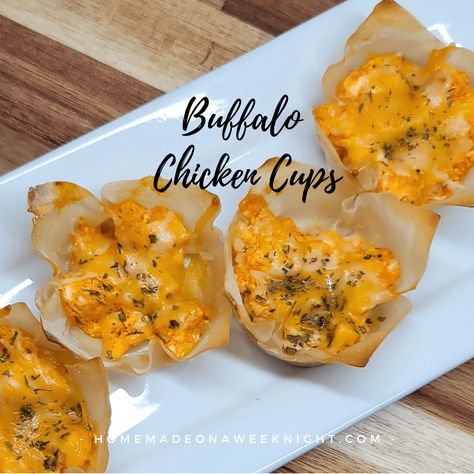 Buffalo Chicken Cups - Homemade on a Weeknight Enchilada Bites, Pot Luck Recipes, Buffalo Chicken Cups, Spicy Buffalo Sauce, Chicken Cups, Ranch Dressing Recipe Homemade, Popular Appetizers, Ranch Dressing Recipe, Appetizer Menu