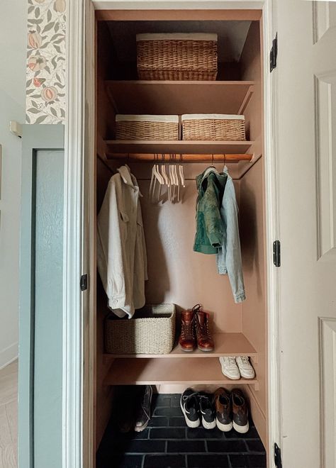 Coat Closet Mudroom, Entry Hall Closet, Closet With Wallpaper, Small Entryway Closet, Entryway Closet Organization, Small Entry Closet, Entry Closet Ideas, Entry Closet Organization, Coat Closet Storage