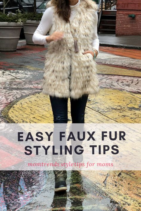 Faux fur outfit ideas for winter. How to wear a faux fur vest. MomTrends.com #fashion #winterfashion #ootd #winteroutfit Mink Vest Outfit, Fur Vest Outfit Winter, Fluffy Vest Outfit, Black Fur Vest Outfit Winter, Style Fur Vest, Faux Fur Vest Outfit Winter, Fur Vest Outfit Ideas, Faux Fur Vest, Fur Vest Outfit