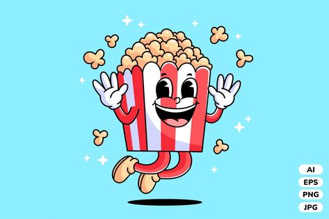 Happy Popcorn Cartoon Vector Popcorn Illustration, Cartoon Popcorn, Food Characters, Food Illustration Art, Rubber Hose, Minion Party, Get Happy, Vintage Character, Food Illustration