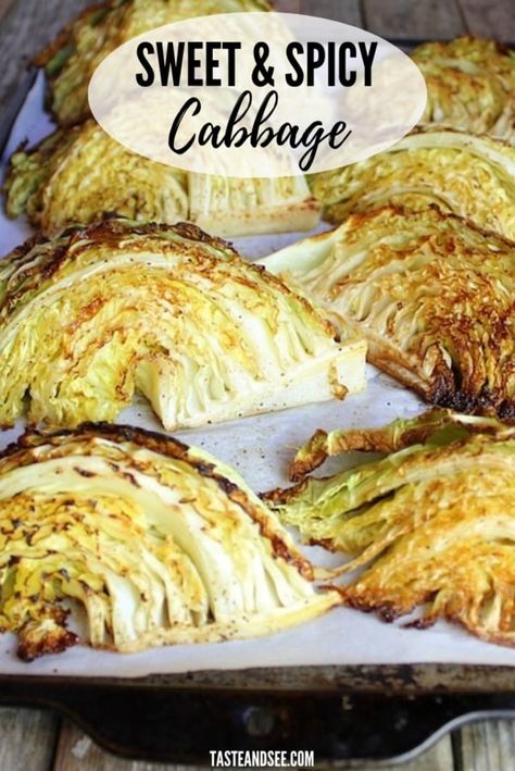 This Sweet And Spicy Roasted Cabbage is the perfect side for corned beef dinner! Sweet, salty, a little crispy with a drizzle of spicy honey harissa sauce. #stpatricks #cabbage #cornedbeef #tasteandsee || https://tasteandsee.com || Legume Recipes, Cabbage Wedges, Bourbon Sweet Potatoes, Roasted Cabbage Wedges, Healthy Spring Recipes, Veggie Ideas, Baked Cabbage, Healthier Snacks, Toasted Sesame Oil