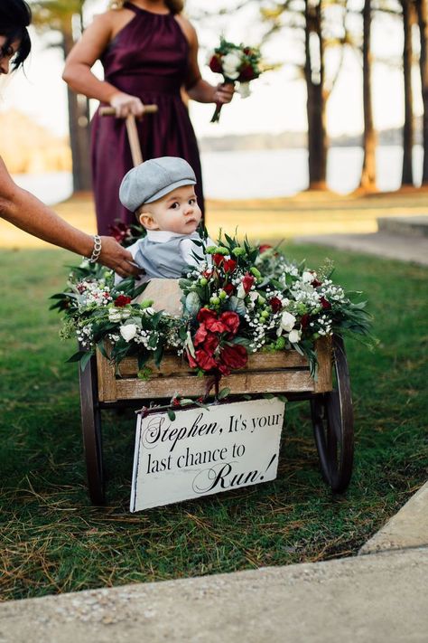 Ring bearer wagon Ring Bearer Wagon, Wedding Wagons, Ring Bearer Ideas, Flower Girl Wagon, Wagon For Wedding, Ring Boy, Bearer Outfit, Pinterest Wedding, Ring Bearer Outfit