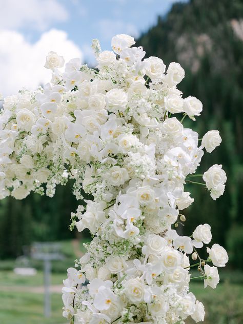 White Floral Ceremony Arch, Wedding Arch Orchid, White Flower Proposal, White Floral Wedding Ceremony, White Delphinium Wedding, White Altar Flowers, White Flower Arch Wedding, White Aisle Flowers, White Floral Arch Wedding