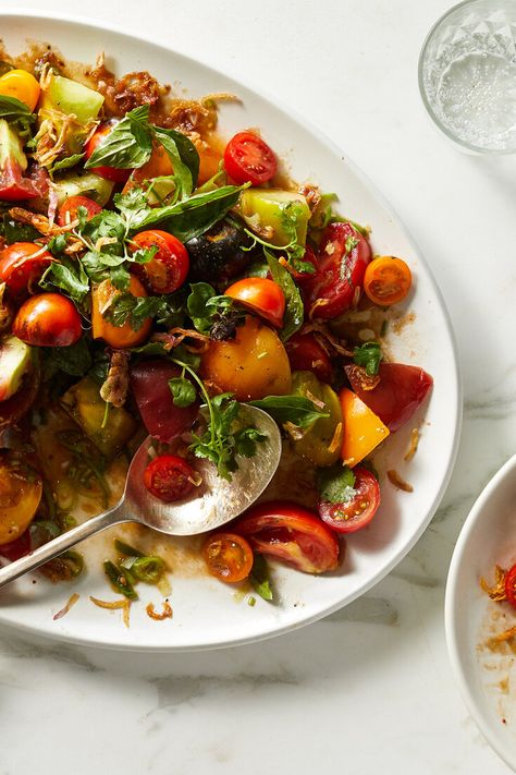 Summer Tomato Recipe, Nyt Recipes, Perilla Leaves, Maple Dressing, Soy Dressing, Feta Recipe, Firm Tofu, Silken Tofu, Hearty Salads