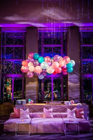 Sophie's Bat Mitzvah | 12 more photos on PartySlate You Are So Not Invited To My Bat Mitzvah Bedroom, Bat Mitzvah Party Games, Lighting Theme Blanket Bat Mitxvah, Room In New York, Balloon Party Decor, Bat Mitzvah Themes Decor, Purple Uplighting, Bnai Mitzvah Themes Ideas, Pretty Balloons