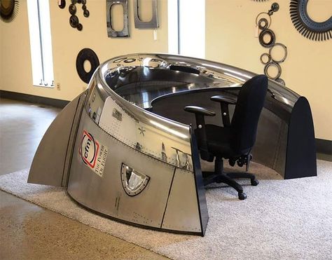 Custom Desk Made From A Cfm56 Cowling From A Dc8 Aviator Furniture, Engine Coffee Table, Aviation Furniture, Aviation Decor, Airplane Decor, Army Images, Car Part Furniture, Aircraft Parts, Vintage Planes