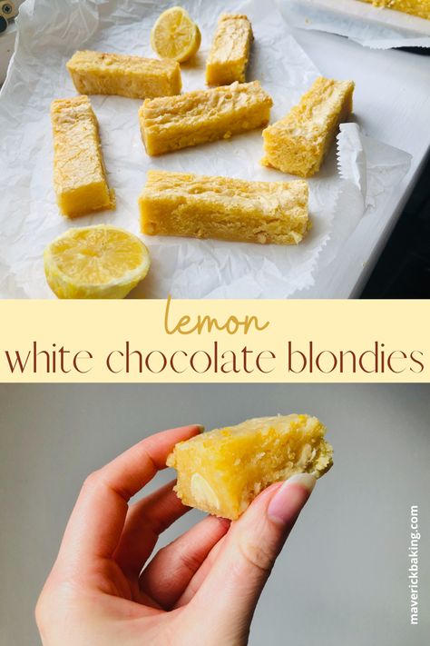 Lemon White Chocolate Blondies; deliciously fudgy white chocolate blondies laced with lemon zest and studded with creamy white chocolate chips. Lemon White Chocolate Blondies, Lemon And White Chocolate, Lemon White Chocolate, Chocolate Blondies, Chocolate Shots, White Chocolate Blondies, Chocolate Lemon, Proper Tasty, Wholesome Meals