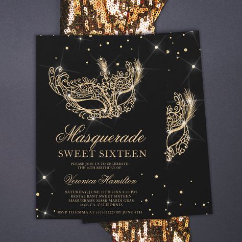 Masquerade mask black gold glitter Sweet 16 for $2.92 - Birthday Invitations Sweet 16 Masquerade Party, Mardi Gras Birthday, Glitter Sweet 16, Masquerade Invitations, Masquerade Mask Black, Masquerade Party Invitations, Elegant Birthday Invitations, Masquerade Ball Party, 16 Invitations