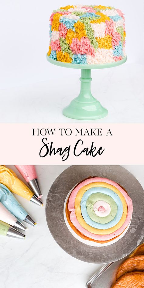 How to Make a Shag Cake | I'm obsessed with this new cake decorating technique created with a Wilton grass tip: A Shag Cake! It's super simple to create and can be replicated in your favorite colors to match any party or celebration. || JennyCookies.com Shaggy Cake, Shag Cake, Tiki Cake, Mall Madness, How To Make Dip, Tank Cake, Cupcakes Flores, Buttercream Frosting Cake, Jenny Cookies