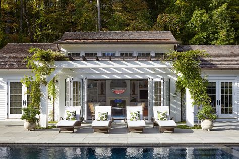 The exterior of the pool house - Philip Gorrivan designs the interiors for this luxurious pool house in Litchfield County, Connecticut. Photography: Joshua McHugh #interiordesign #philipgorrivandesign #poolhouse #luxuryliving Luxury Pool House, Patrick Ahearn Architect, Patrick Ahearn, Gambrel Roof, Tudor House, Luxury Pool, Red Barn, Barn Style, Pool Area