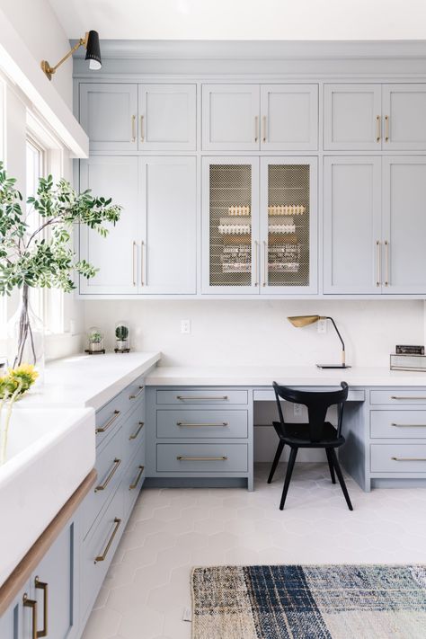 Paint Color: Uncertain Gray 50% + Stardew 50%, Sherwin-Williams Package Room Design, Potting Room, Laundry Craft Rooms, Trending Paint Colors, Popular Paint Colors, Color Forecasting, Cabinet Paint Colors, Modern Farmhouse Home, Gray Cabinets