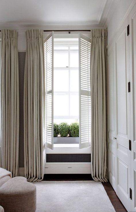 Louvre Blinds, Shutters And Curtains Together, Plantain Shutters, Curtains Over Shutters, Curtains With Shutters, Linen Curtains Bedroom, Curtains And Shutters, Shutters With Curtains, Window Curtains Bedroom