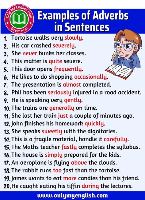 Examples of Adverbs in Sentences are in Sentences» OnlyMyEnglish Adverb Sentences, Adverb Phrases, Adverb Examples, Adverbs Sentences, Morgan Williams, Eng Grammar, Conversation Tips, Sentences In English, Examples Of Adjectives