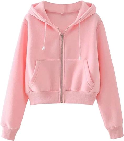 PUWEI Women's Casual Workout Long Sleeve Zip Up Crop Top Hoodie Fleece Sweatshirts(1068-01Pink-S) at Amazon Women’s Clothing store Zip Up Crop Top, Workout Long Sleeve, Pink Cropped Hoodie, Crop Top Hoodie, Hoodie Outfit, Fashion Hoodies, Clueless, Crop Jacket, Cropped Hoodie