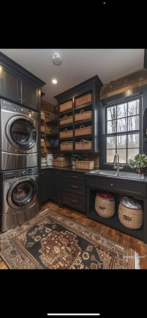 Rustic Home Theater, Laundry In Pantry, Laundry Room Dark, Butlers Pantry Laundry Room Combo, Cool House Features, Pantry Laundry Room Combo, Pantry Laundry Room, Dream Laundry Room, Laundry Room Layouts