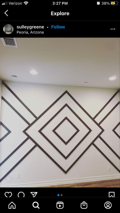 Geometric Wall Paint Patterns Bedroom, Painters Tape Accent Wall, Black And White Geometric Wall, Simple Geometric Wall Paint, Geometric Wall Paint, Wainscoting Wall, Stone Feature Wall, Wall Paint Patterns, Herringbone Wall