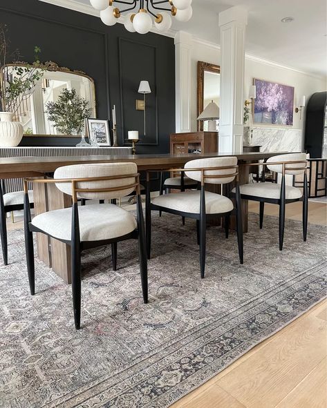 My dining chairs in Cary Linen and dining room rug in Olive/Charcoal! I linked a similar version of these chairs I found on Amazon as well! My exact chairs are very comfortable and have held up so well — worth it!! Dining Rooms With Black Furniture, Antique Accent Chair, Dinning Room Chairs Ideas, Arhaus Dining Room Inspiration, Condo Dining Room Ideas, Diy Wall Moulding, Dark Accent Wall, Accent Wall Diy, Moody Dining Room