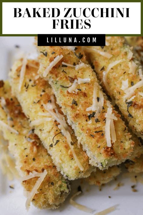 These baked zucchini sticks are crusted and baked in panko, parmesan cheese, oregano, and basil. Zucchini fries are healthy AND delicious! #bakedzucchinifries #zucchinifries #baked #zucchini #appetizer #sidedish #healthy Panko Zucchini Baked, Zucchini Sticks Recipes, Basil Zucchini, Parmesan Crusted Zucchini, Baked Zucchini Fries, Zucchini Appetizer, Buffalo Chicken Bites, Zucchini Sticks, Baked Zucchini