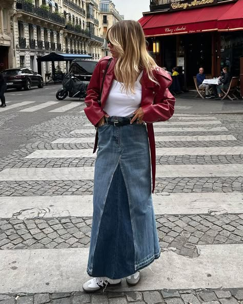 Maxi Denim Skirt Outfit, Denim Skirt Outfit Summer, Long Jeans Skirt, Long Denim Skirt Outfit, Long Skirt Jeans, Diy Denim Skirt, Jeans Long Skirt, Denim Long Skirt, Maxi Denim Skirt