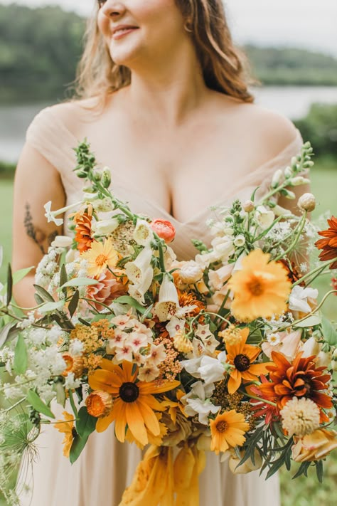 Sunflower Wedding Arrangement: Autumn Warm-Toned Bridal Bouquet Terracotta Wildflower Wedding, Eucalyptus Wedding Decor, Spring Bridal Bouquet, Marigold Wedding, Orange Bouquets, Orange Wedding Flowers, Sunflower Wedding Bouquet, Yellow Bouquets, Eucalyptus Wedding