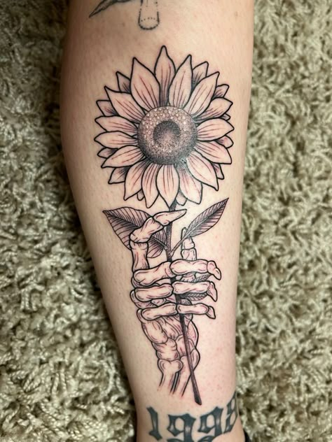 Skull With Cactus Tattoo, Sunflower Dinosaur Tattoo, Skull With Sunflowers Tattoo, Flip Off Tattoo, Skeleton Hand With Flower Tattoo, Tattoos On Leg For Women, You Bleed Just To Know Tattoo, Lower Arm Tattoos For Women Simple, Sunflower Tattoo Sleeve Forearm