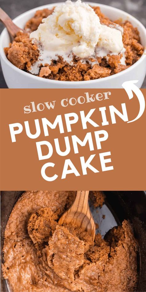 Dump Cake Crockpot, Crockpot Cake, Crockpot Desserts, Pumpkin Dump Cake Recipe, Pumpkin Crockpot, Pumpkin Cobbler, Pumpkin Dump, Weight Watcher Desserts, Caramel Pumpkin