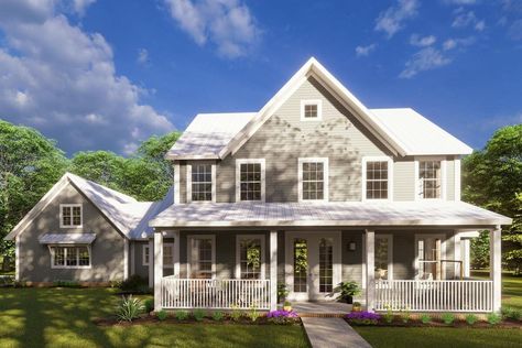 4-Bedroom 2-Story Center-Gabled Farmhouse With Porches (Floor Plan) Timeless House Exterior, Farmhouse Floor Plans, 4 Bedroom House Plans, Farmhouse Style House Plans, Small Porches, Farmhouse Plan, Farmhouse House, House Plans Farmhouse, Bedroom House Plans