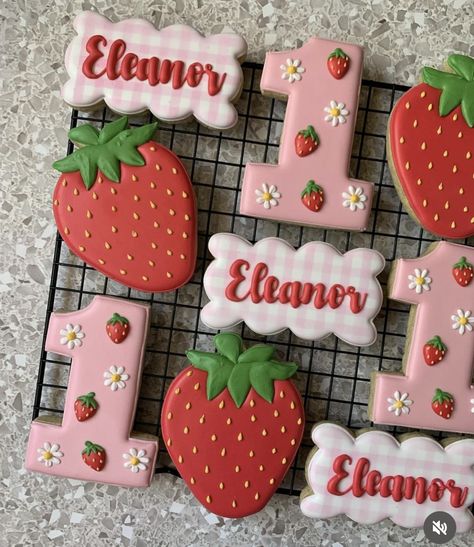 Strawberry 1st Birthday Party Cake, Strawberry Shortcake Treats Table, Food For Strawberry Themed Party, Strawberry Shortcake Second Birthday, 2nd Birthday Strawberry Theme, Strawberry Bday Theme, 1st Birthday Girl Berry Theme, Berry First Birthday Treats, Strawberry Birthday Cookies