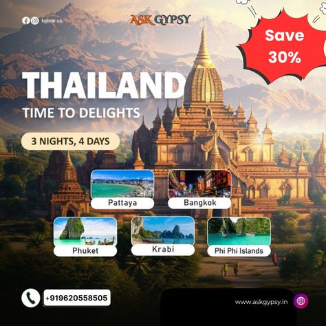 Thailand🇹🇭 holidays! Save upto 30% on your next Thailad trip! Staring from 3 Nights to 20+ Nights trip to Thailand! Comment your dream vacation.! Sit and relax we take care the rest for you. #thailandadventure #adventure #follow #winteradventures #watersportslife #honeymoontour #familytime ##holidaypackages #insta Thai Land Travel, Tour Package Poster, Thailand Travel Poster, Ads Design Layout, Tour Packages Design, Phuket Krabi, Tourism Ads, Thailand Package, Travel Brochure Design