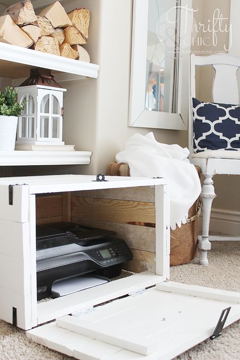 DIY Hidden printer storage in a cabinet! Make it whatever size you need to fit your space. Hidden Printer Storage, Printer Storage Ideas, Hidden Printer, Printer Cover, Printer Storage, Printer Cabinet, Diy Organizer, Office Guest Room, Craft Room Office