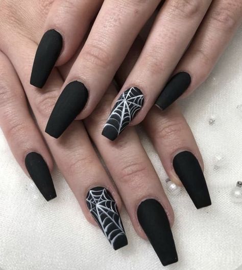 Black Spooky Nails Coffin, Halloween Acrylic Nails Spider Webs, Cute Goth Acrylic Nails, Black Color Nails Acrylic, Black Acrylic Nails Simple Design, Halloween Nail Designs 2022 Acrylic, Black Nails With Spider Web Accent, Black Coffin Halloween Nails, Black Nails With Web