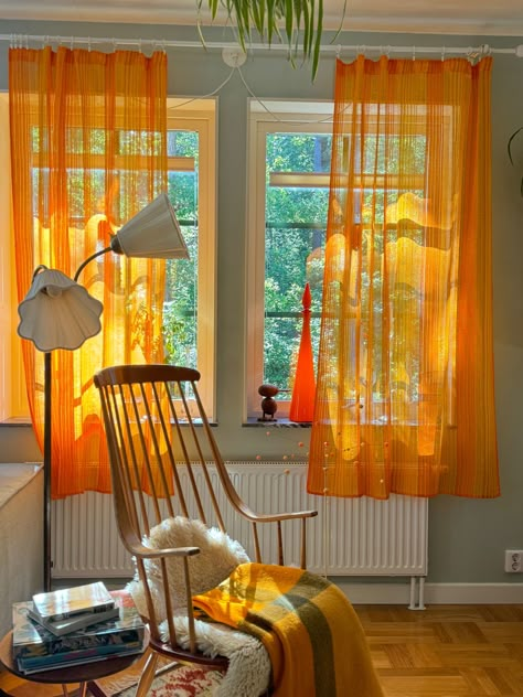 A very decorative retro curtains that fit in your modern home. The curtain panels are of textured geometric fabric in yellow, orange. Very stylish. These are so-called net curtains in quite durable quality, falls nicely. The fabric is sparsely woven, very decorative, looks woven by hand.  These are sewn ribbons finger hooks up to a hem down. Very good vintage condition. Clean and fresh, just hang up them in a nice modern home. Measure each approx:  Height: 190 cm/ 75 in Wide: 120 cm / 45 in The