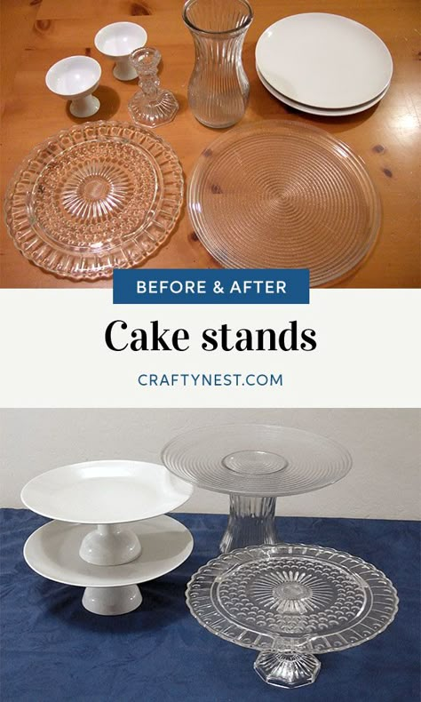 Diy Cake Plate Stand, Diy Wedding Cake Stand, Diy Cake Stands, Repurposed Dishes, Cake Plates Diy, Diy Cupcake Stand, Diy Cake Stand, Diy Dish, Cake Plates Stand