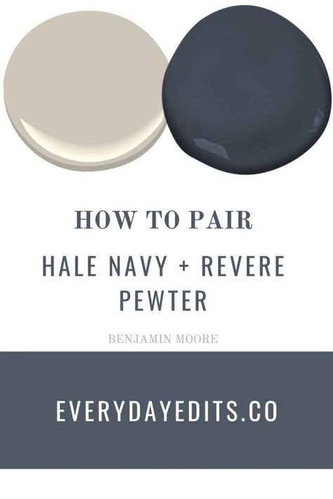 Sharing examples of before and afters with two Benjamin Moore paint colors, Hale Navy and Revere Pewter! #halenavy #reverpewter #everydayeditsblog Hale Navy Wallpaper, Hale Navy Accent Wall Living Room, Revere Pewter Exterior House, Hale Navy Revere Pewter, Hale Navy Bathroom, Revere Pewter Paint, Pewter Benjamin Moore, Navy Paint Colors, Hale Navy Benjamin Moore