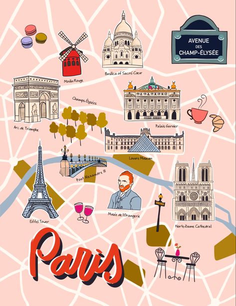 Most beautiful landmarks in Paris to explore on foot. #paris #illustratedmap #paristour #thingstodo Paris Icons, Maps Illustration Design, Paris Neighborhoods Map, Paris Map With Attractions, Paris Map Illustration, Paris Landmarks Illustration, Paris Map Print, Map Of Paris, Paris Landmarks