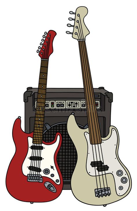 Electric guitars and combo. Hand drawing of an electric classic red and white fretless bass guitars with the combo royalty free illustration Drawing Of Electric Guitar, Spider Punk Guitar Drawing, Guitar Drawing Electric, Electric Guitar Art Drawing, Bass Guitar Drawing Reference, Electronic Guitar Drawing, Red Guitar Drawing, Bass Guitar Art Drawing, Cartoon Electric Guitar