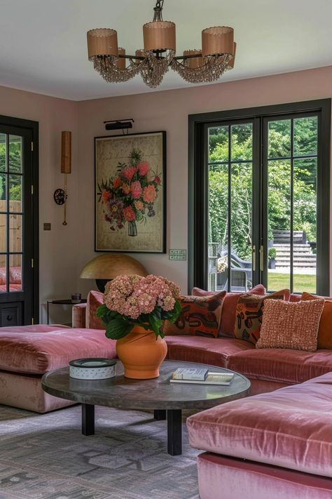 Embracing Pink in Masculine Spaces: A Bold Statement of Equality and Elegance — Living Bright Interiors Pink U Shape Sofa, Beautiful Flats Interior, Living Room Designs Art Deco, Curtain Behind Couch, 80s Living Room, Pink Interior Design, Pink Sofa Living Room, Color Sofa, Masculine Interior