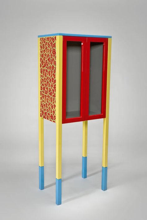 Milan Furniture, Memphis Milano, Glass Front Cabinets, Red Lacquer, Yellow Background, Painted Furniture, The Modern, Diy Home Decor, Red And Blue